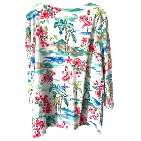 Alfred Dunner Woman 1X Floral & Flamingo Print 3/4 Sleeve Top Beaded Trim Blouse - Picture 3 of 5